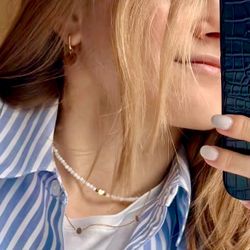 Dainty Mother Of Pearl Bead Choker Necklace 18K Gold-Plate Stainless Steel 14.5”