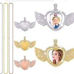 Angle Wing Photo Heart Pendent With Chain