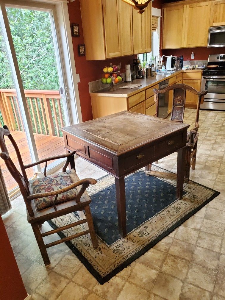 RUSTIC ANTIQUE WOODEN TABLE AND 2 CHAIR'S