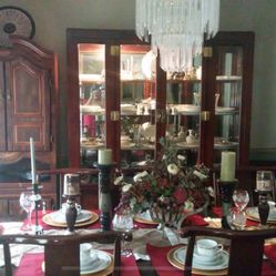 Cherry China Cabinet Hutch, Table With Leaves, 8 Chairs And Dishes