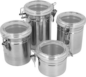 Stainless Steel Airtight Food Storage Canister 4Pcs Set w/ Clear Lid Kitchen Containers for Coffee Tea Sugar Flour Cereal