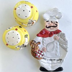 Set Of Glazed Ceramic B Callaway Salt & Pepper Shakers And Chef Spoon Rest Kitchen Decor