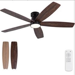 52 inch Black Flush Mount Ceiling Fan with Light and Remote, Dimmable Black Bedroom Ceiling Fan with Lights, Walnut Low Profile Ceiling Fan