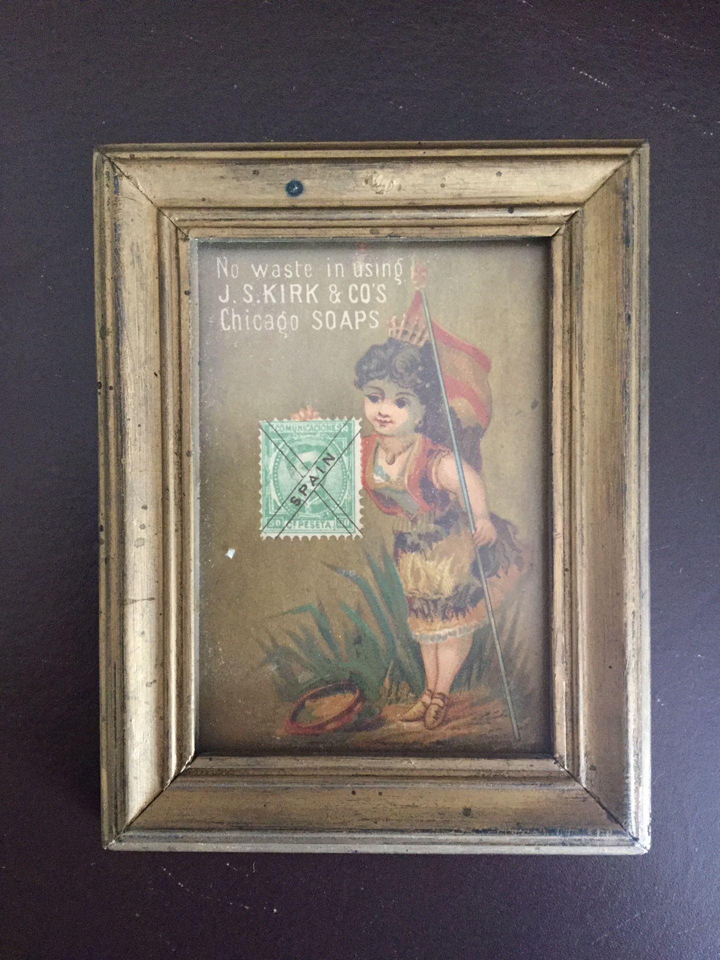 Antique 1880’s Trading Card “No Waste in using J.S . Kirk & CO’S Chicago Soaps” Stamp Collection- Spain