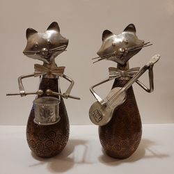Pier 1 Imports Wood and Metal Cat Musician Figurines