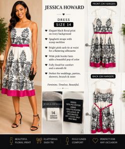 Jessica Howard Floral Fit & Flare Dress Size 14 Black Ivory Pink Midi Party Wedding Guest Dress
