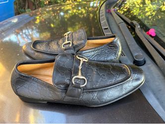Gucci Black Embossed Leather Horsebit Loafers Mens 11