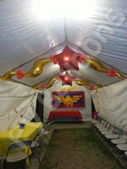 PV Balloons - Wonder woman's party decor plus balloon wall.