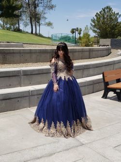 Navy Blue Gold Lace Quinceañera Ball Gown