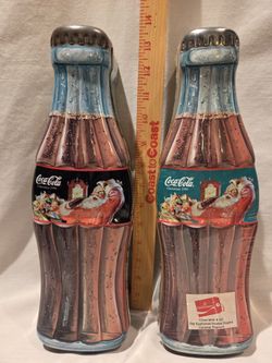 "Coca-Cola" VTG 1(contact info removed) "Christmas" 13in. bottle Shaped Tin Hinged Tin Canisters 
