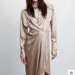 Mango Satin Midi Dress Beige Size M NWT