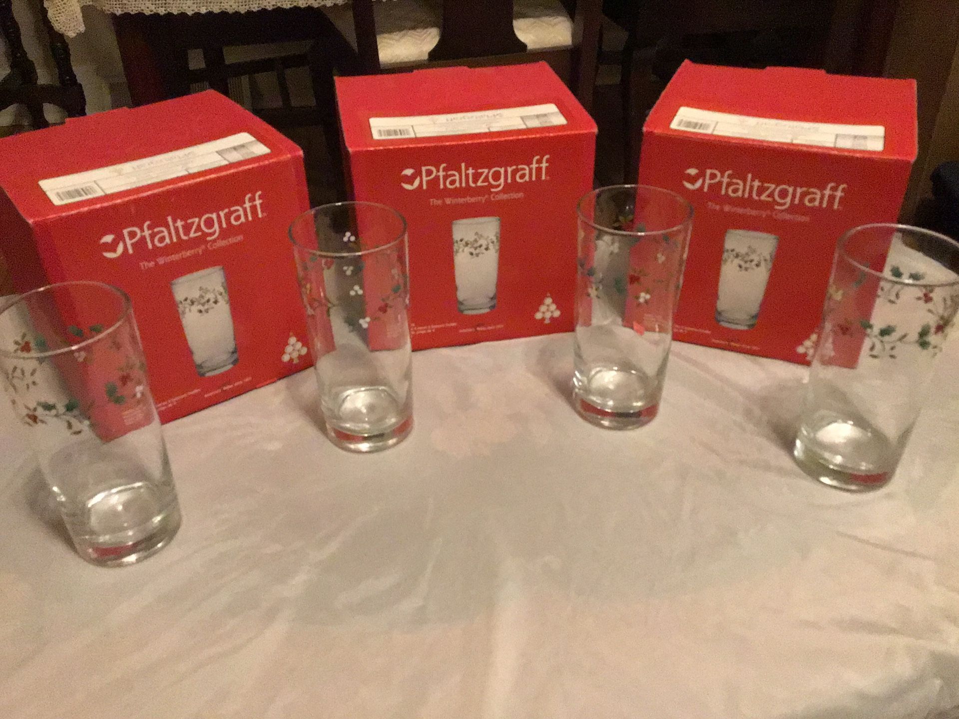 BRAND NEW—-Pfaltzgraff winterberry collection set of 12 tall glass coolers. Pick up in Riverside Illinois.