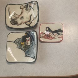 3 Japanese Hand Painted Saucers, 2 By The Initials RB,