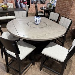 7pC Gray / Black Dining Table Set Lazy Susan In The Middle 