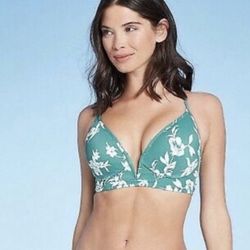 New Shade & Shore Bikini Top 34B Plunge Teal Green & Flower  Tropical