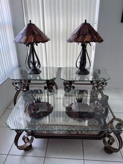 5-Piece Tuscan Wrought Iron Living Room Set – Coffee Table, 2 End Tables & Matching Tiffany-Style Lamps