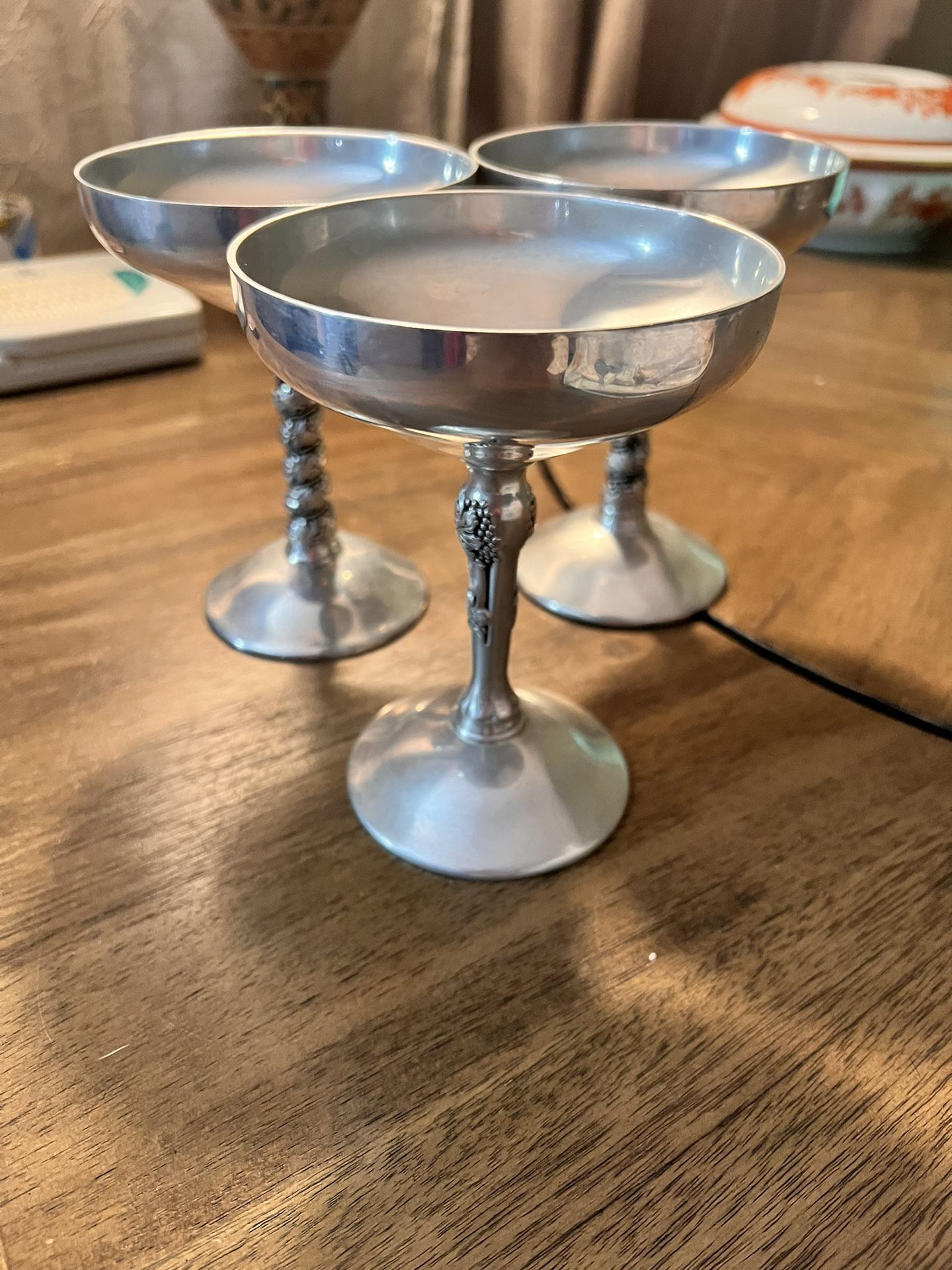3 Cups Of Vintage Plator Silverstone Champagne Goblets Spain Pat SYST Grape Vine
