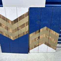 Set of 2 Blue White Gold Chevron Wood Wall Art