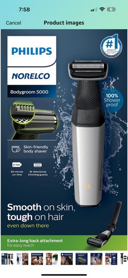 Philips Bodygroom Series 5000, Showerproof Groin and Body Trimmer, Close and Comfortable Shave, Complete Body Grooming Including Back, 60 Min. Runtime