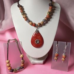 Coral Necklace With Matching Bracelet And Earrings