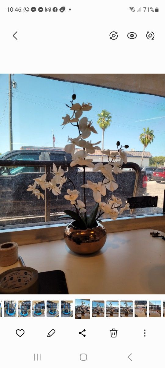 White Faux Flowers In Gold Pot 