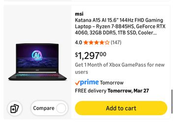 msi Katana A15 AI 15.6” 144Hz FHD Gaming Laptop