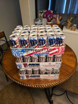 Monsters strawberry lemonade, and (ultra red, white and blue razz zero sugar)