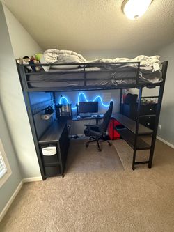 Black Metal Loft Bed with Desk and Shelves