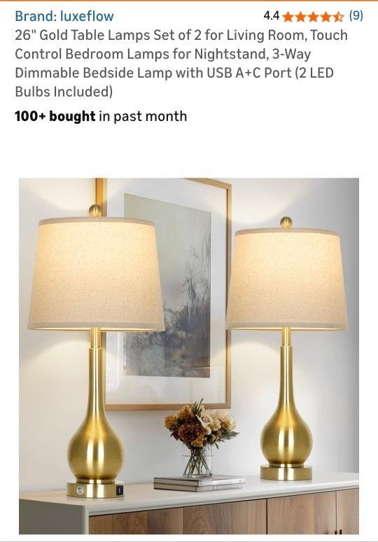 New In Box 26" Gold Table Lamps Set of 2