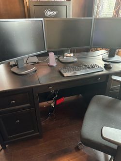 Dark Wood Computer Desk with Drawers and Chair