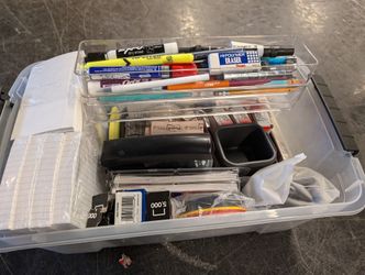 Comprehensive Assorted Office Supplies Collection with Clear Storage Organizer