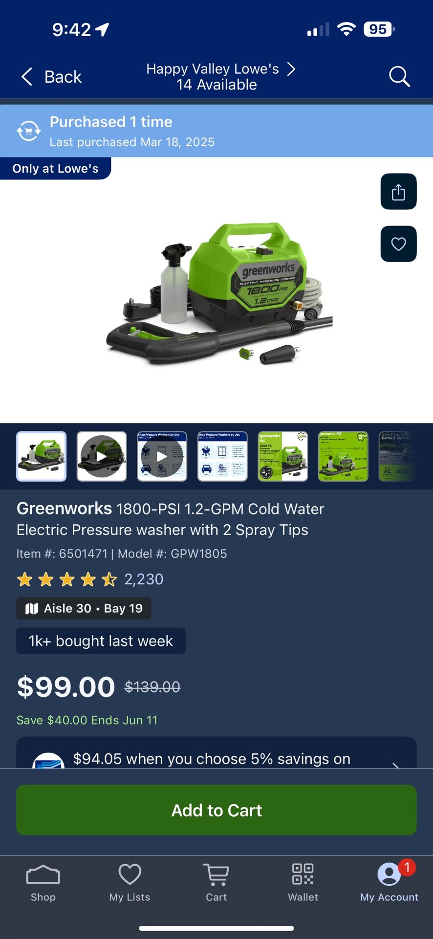 GreenWorks 1800 PSI pressure washer