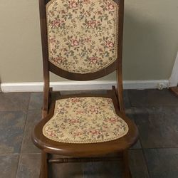Vintage Aqua/Teal Rose Carved Folding Tapestry Needlepoint Rocking Chair