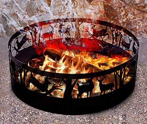 36 Inch Fire Pit Ring with Deer Wolf Wildness 360° Carving