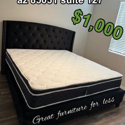King Size Bed Black Velvet With Pillow Top Mattress And Boxspring Brand New