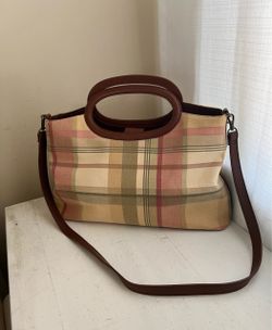 Plaid Tote Bag with Leather Handles and Strap