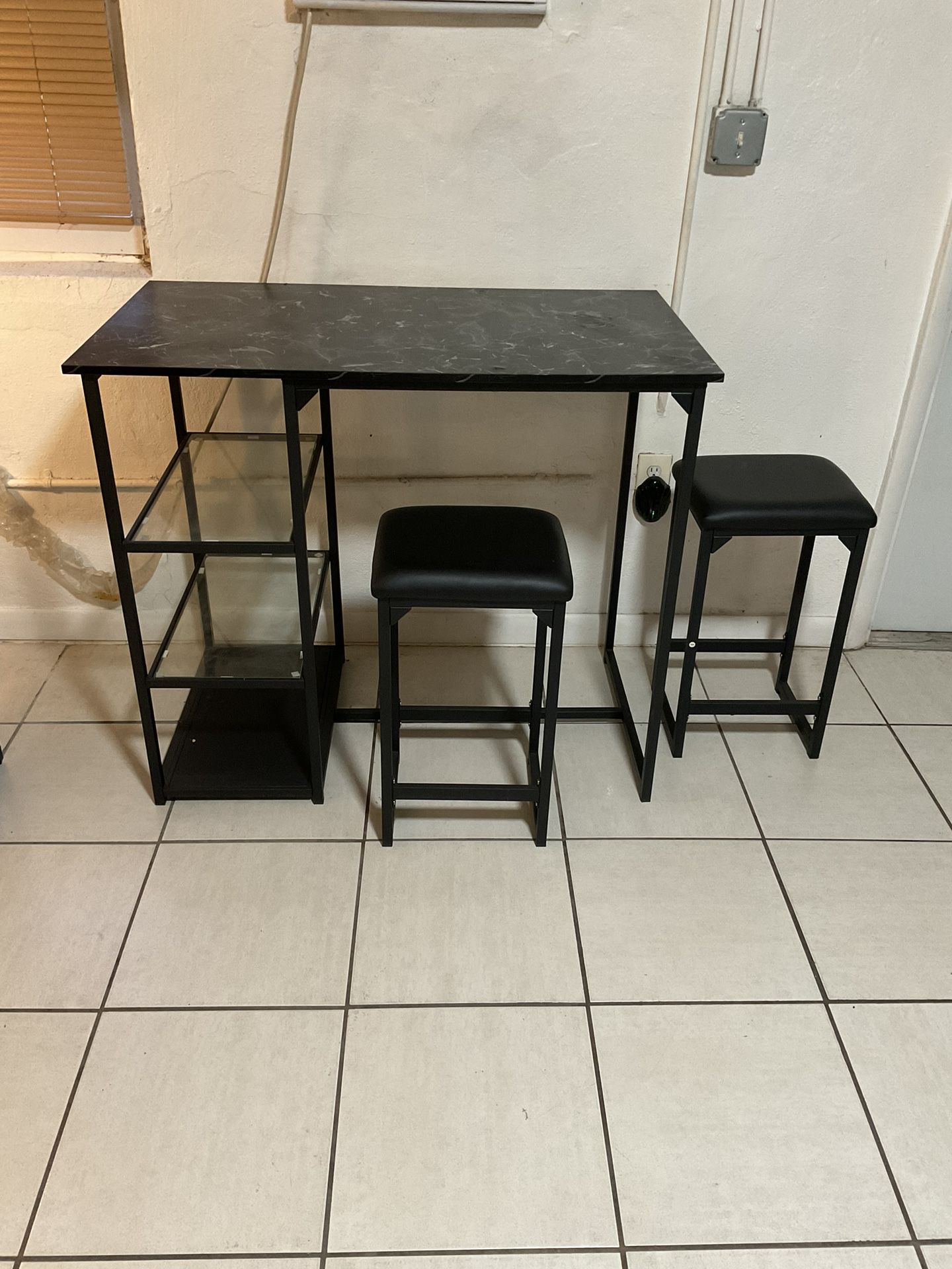 3-Piece Dining Table Set, High Top, PU Padded Chairs, Space Saving and Storage Shelves.