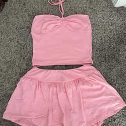 2 piece, pink halter top and skirt set
