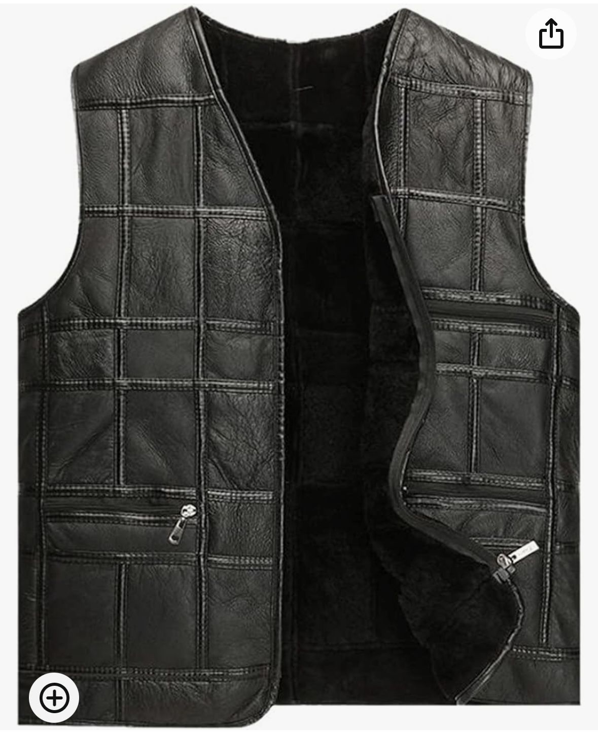 Sheepskin Leather shearling Motorcycle Vest For Men, Black  Leather with  Pockets. Size L  