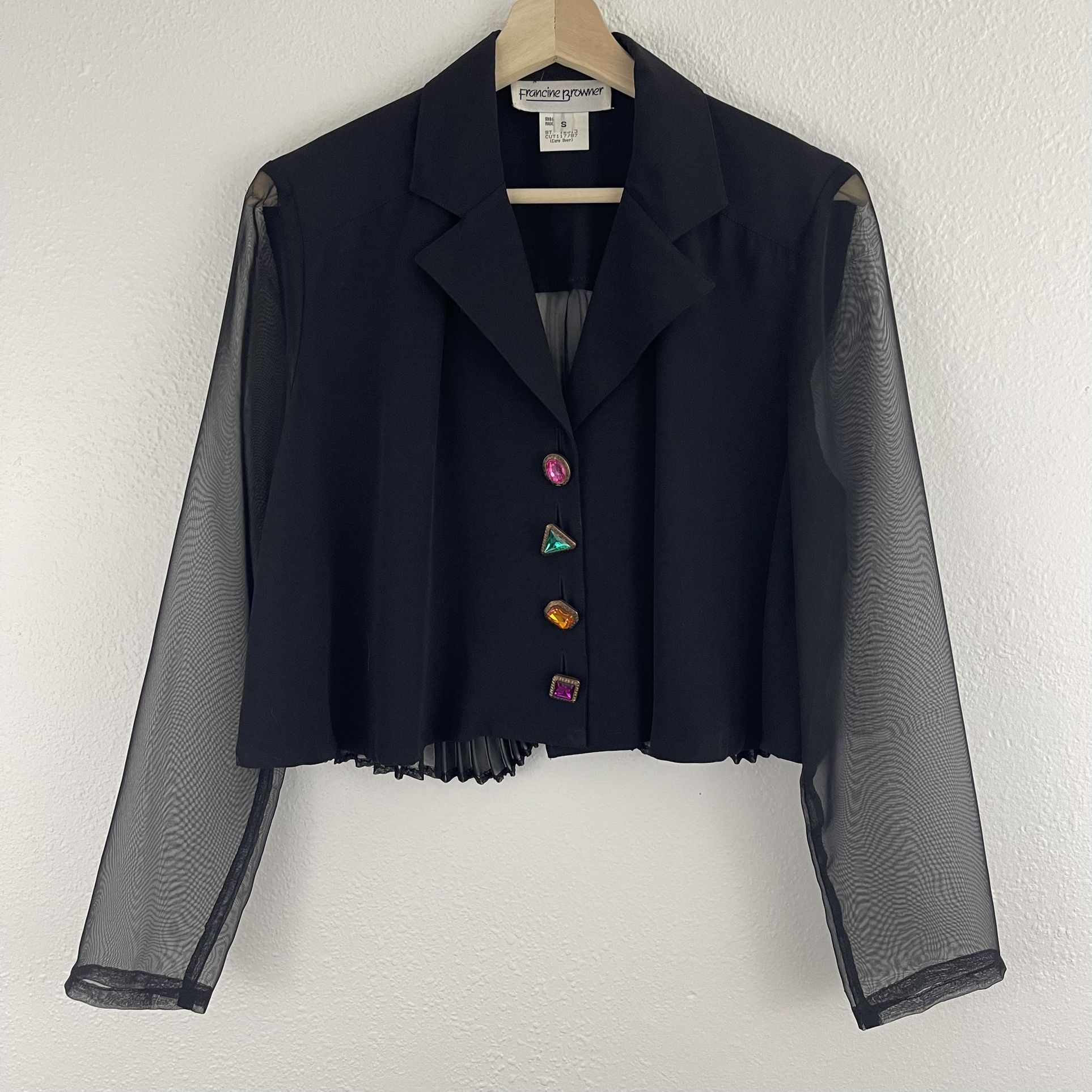 Vintage 90s Black Sheer Gemstone Button Up Flowy Boxy Cropped Long Sleeve Blouse