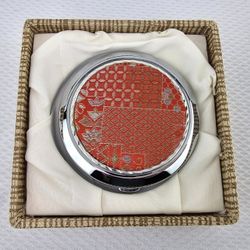 Vintage Japanese Compact Mirror New In Box, Red Tapestry