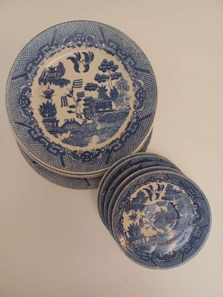 Antique Blue Willow Plates and Saucers Made In Japan