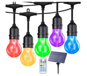 Solar Outdoor RGB String Lights, 48FT Dimmable Patio String Lights with 15 Shatterproof Bulbs