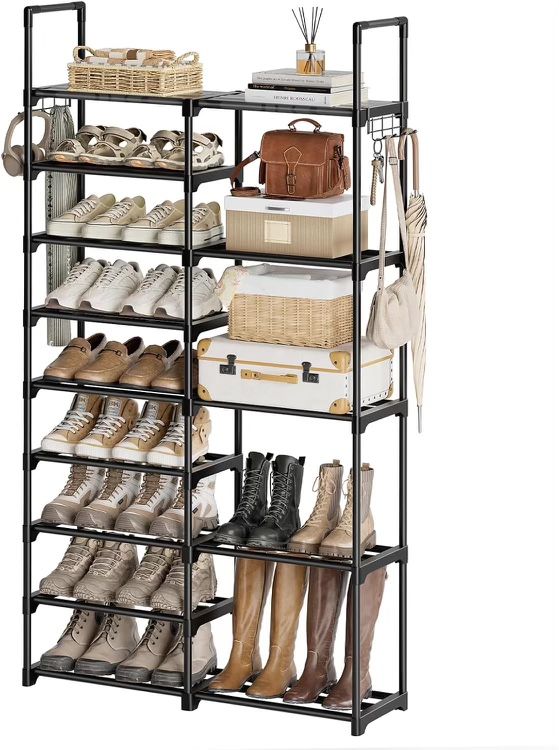 2 Rows 9 Tiers Black Shoe Rack for Closet Shoe Rack Storage Organizer for Entryway 30-35 Pairs Stackable Shoe Rack Shelf for Front Entrance Metal Pipe