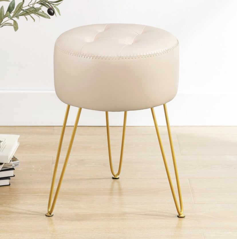 Faux Leather Vanity Stool Chair for Makeup Room, Almond Stool for Vanity, 19" Height, Tufted Small Vanity Chair Stool with Metal Legs, Modern Foot Sto