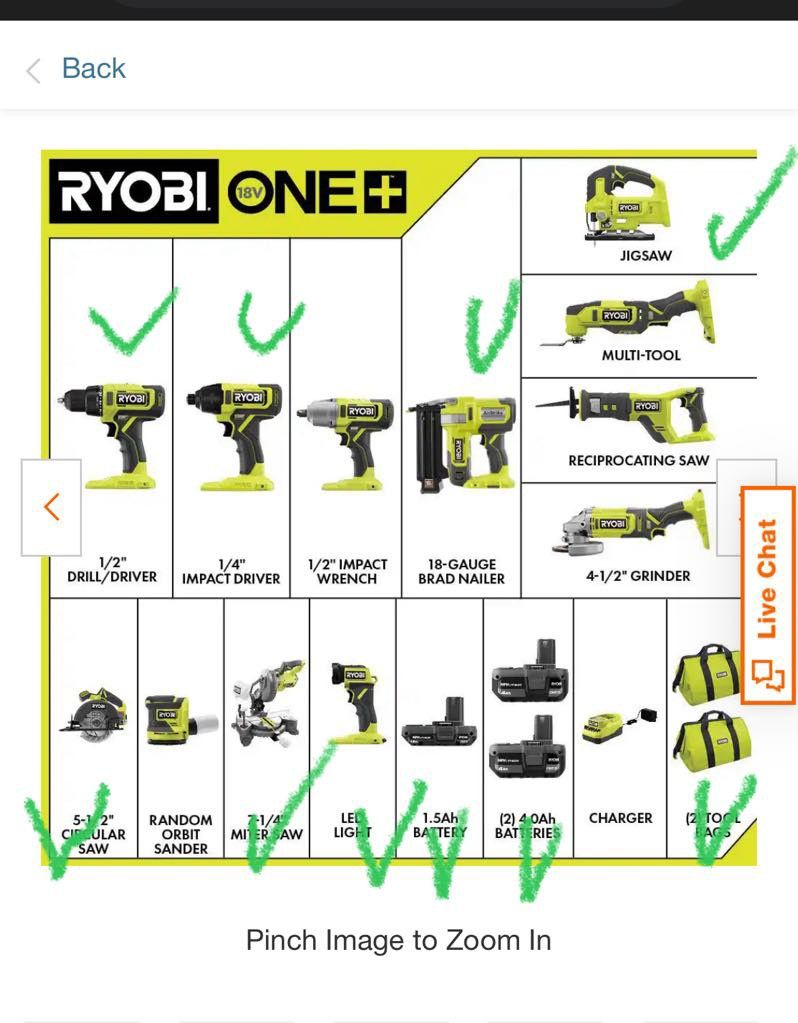 Ryobi Tool Set 6 Piece Batteries Available Separate
