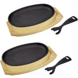 2 Set Cast Iron Skillet Sizzling Plate With Wooden Base