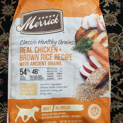 Merrick Classic Healthy Grains Dog Food 25lb Bag Real Chicken + Brown Rice Recipe  Best By 2025