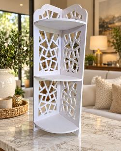 Beautiful White 3-Tier Corner Shelf with a modern geometric cutout design.