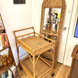 Boho Vintage Rattan Set – Mirror + Bar Cart